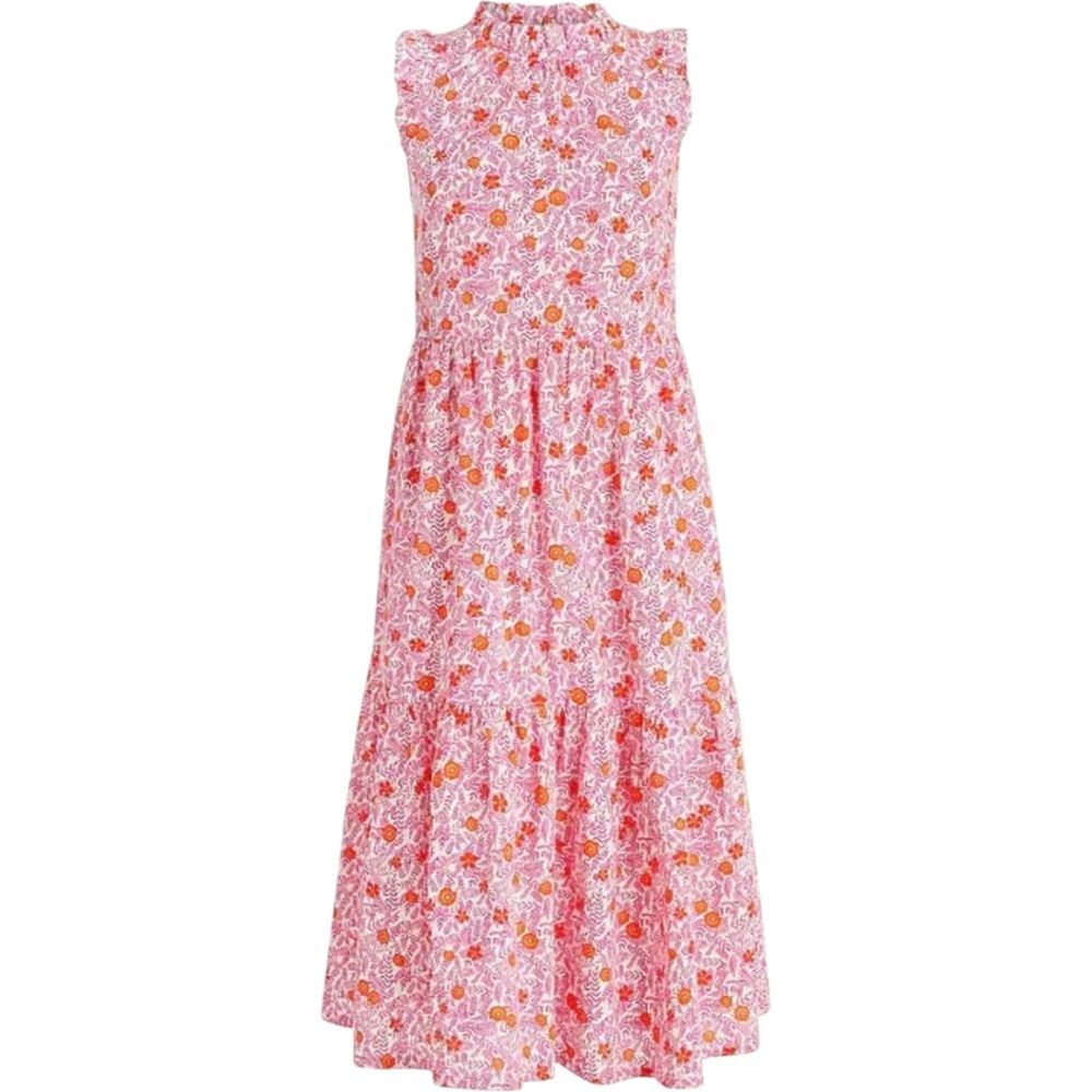 J. Crew Dress Floral Tiered Ruffle Sleeveless Midi Cotton Pink Orange Size 2 - Picture 2 of 9
